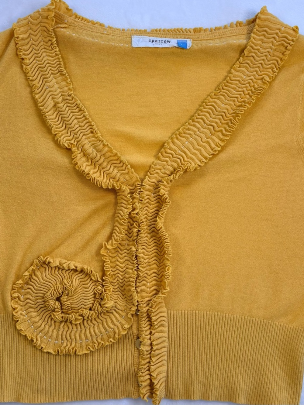 SPARROW ANTHROPOLOGIE Ruffle Cotton Cardigan Mustard Yellow Button Front Large - Picture 7 of 8